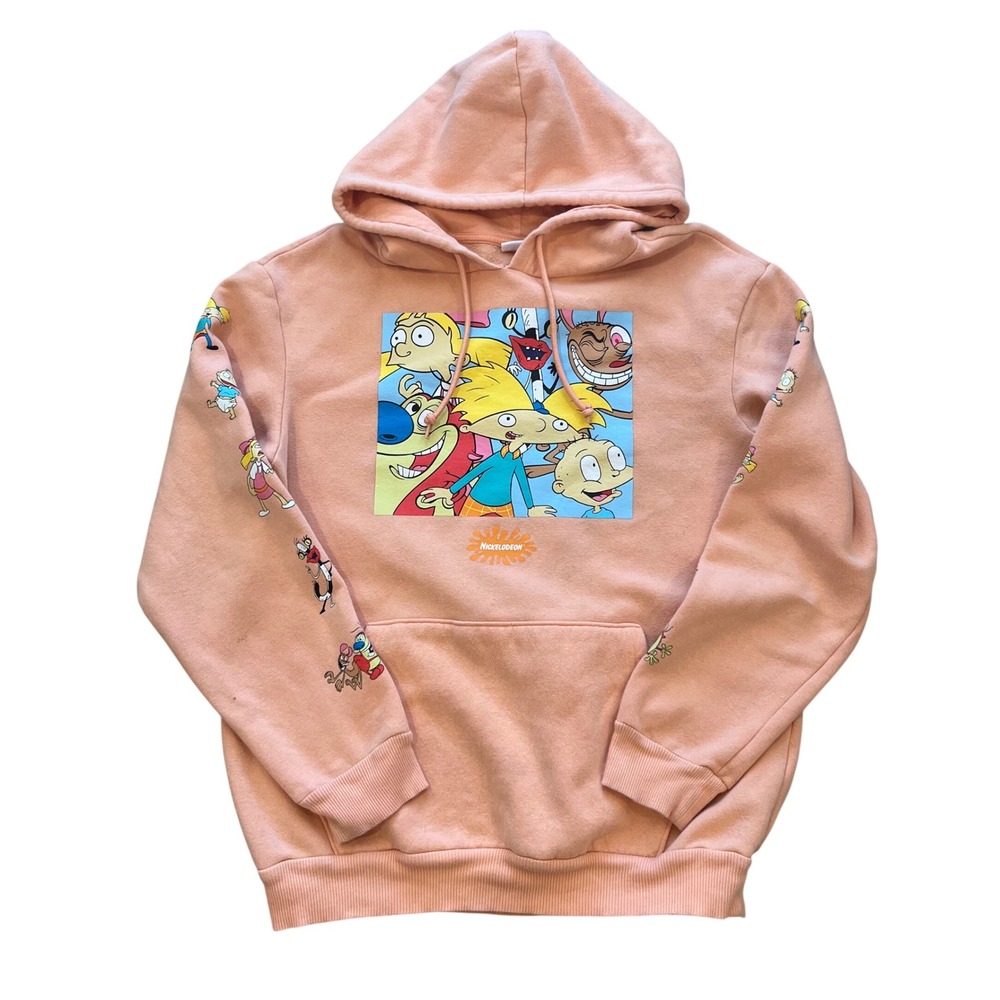 Nickelodeon 90s Cartoon Mashup Hoodie Peach Mens L Hey Arnold Rugrats Ren Stimpy